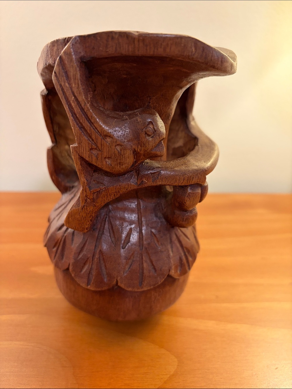 Vintage Hand-Carved Wooden Bird Pitcher - Rustic Decorative Vase Folk Art